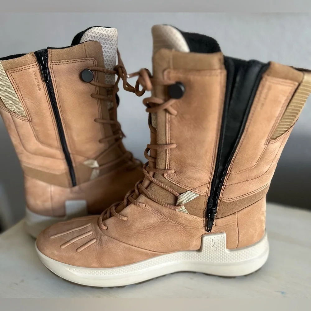 Ecco Solice High Yak leather boots, tan, women’s size 40.